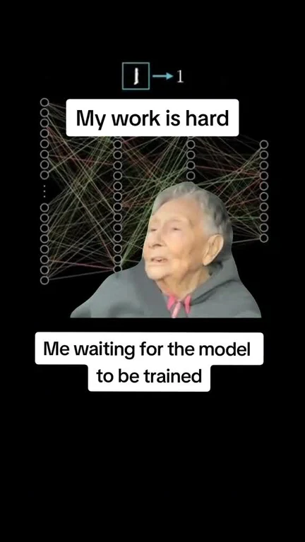 AI model training meme with elderly woman looking up