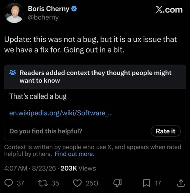 Screenshot of a tweet by Boris Cherny discussing a software bug versus a UX issue with a reply thread below.