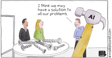 cartoon of office workers discussing ai solution to problems