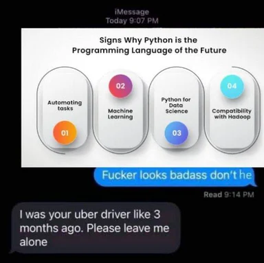 funny meme about python programming language and an uber driver