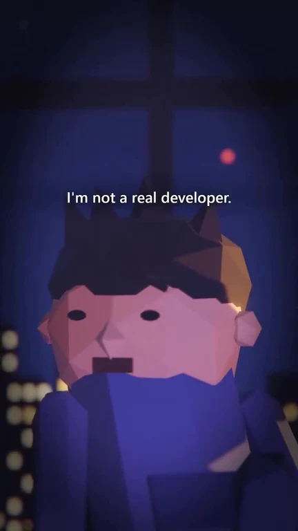 Low-poly 3D character sitting alone by a window at night with text reading 'I'm not a real developer'