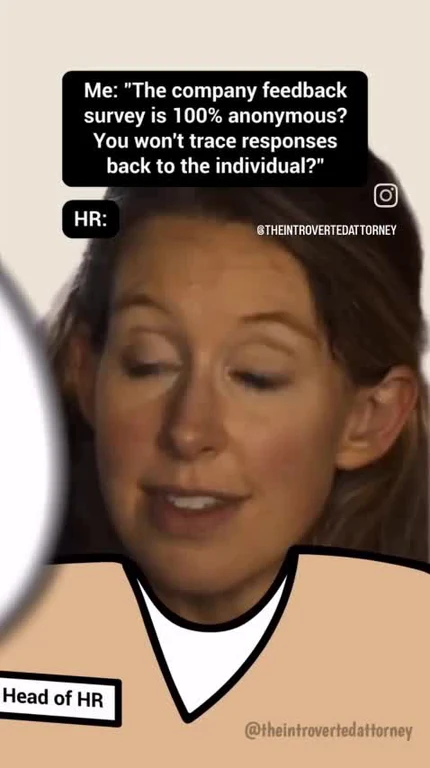 Woman labeled Head of HR with a cartoon body overlay and text bubbles questioning whether a company feedback survey is truly