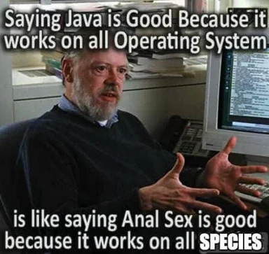 A man sitting at a computer making a point about Java