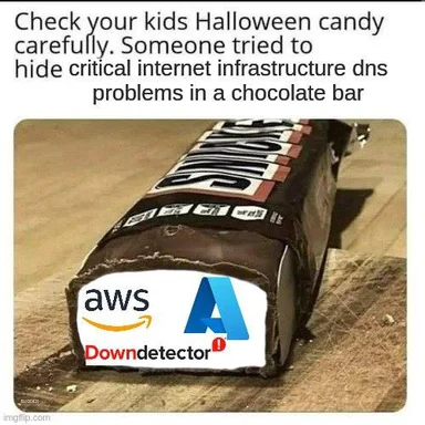 A chocolate bar with a fake label featuring AWS, a blue A logo, and DownDetector, implying someone hid critical internet infrastructure DNS problems in Halloween candy