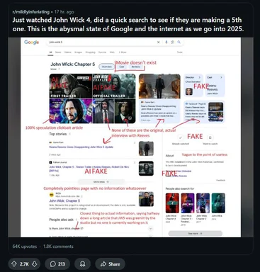 screenshot of google search results for john wick 5 with fake ai-generated links and annotations pointing out the fakes