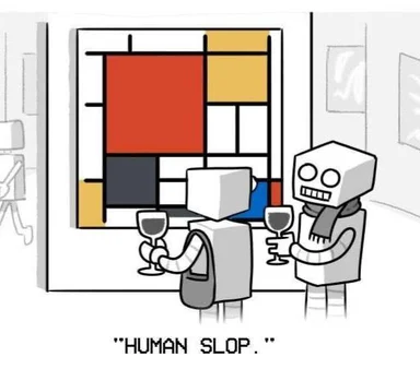 Cartoon characters holding wine glasses in a gallery looking at a Mondrian painting with the text Human Slop