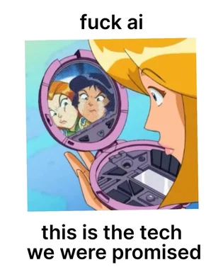 Anime character with blonde hair looking unimpressed into a small pink compact mirror, captioned 'fuck ai' on top and 'this