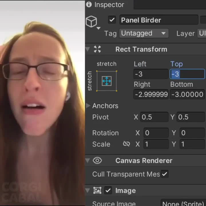 Split screen video showing a frustrated woman with glasses and the Unity Inspector displaying Rect Transform coordinates with floating point errors