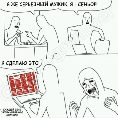 A comic strip depicting a senior developer's reaction to a packed schedule