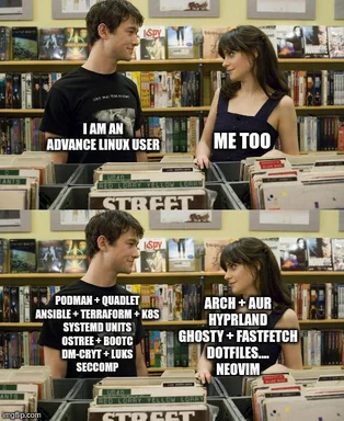 Two people in a video store, one claiming to be an advanced Linux user and the other sharing an extensive list of Linux tools and distributions