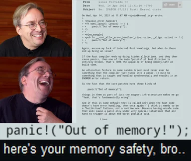 Linus Torvalds laughing and saying 'panic! (Out of memory!); here's your memory safety, bro'