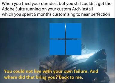 meme image of Thanos with Windows logo, symbolizing struggle with Adobe Suite on custom Arch install