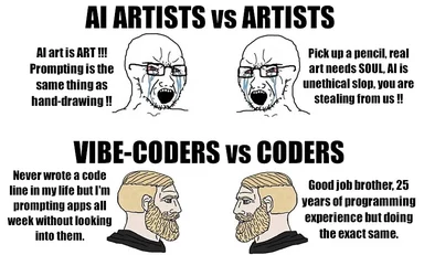 Two-panel meme comparing AI artists vs artists and vibe-coders vs coders, using rage faces and calm bearded characters