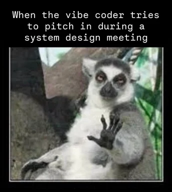 lemur meme about a coder trying to contribute in a system design meeting