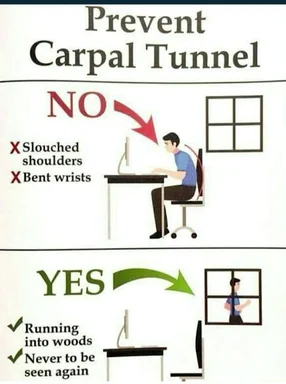 A split-panel infographic showing bad posture labeled NO, and a person running out a window labeled YES to prevent carpal tunnel.