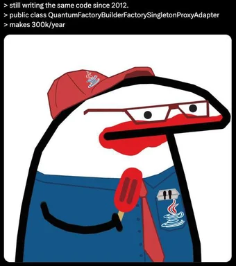 angry cartoon character in a red hat and blue shirt with a java logo on the pocket