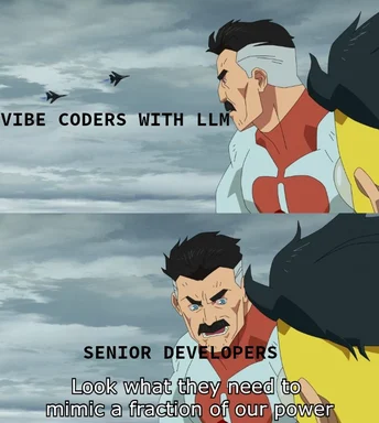 Two-panel anime meme of a mustached, bandaged warrior character looking at small fighter jets in the sky, captioned 'Vibe