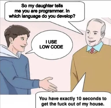 Comic strip of two men shaking hands; the programmer replies 'I use low code' and the other man tells him he has 10 seconds