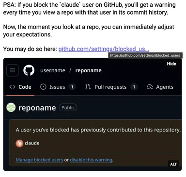 Github warning about blocked user