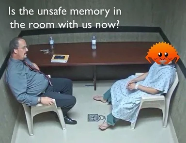 Interrogation room scene with a man in a shirt and tie facing a handcuffed person in a hospital gown, captioned 'Is the