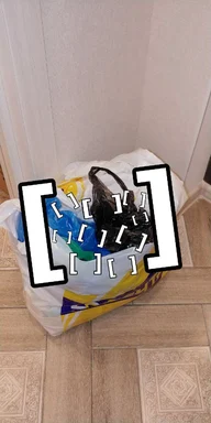 A white trash bag on a wooden floor covered in large and small black square brackets [ ] to represent recursion or nested code.