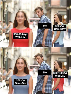 Man turning to look at higher paying web development job while lower paying game development job looks on