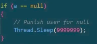Code snippet with humorous comment about punishing user for null input