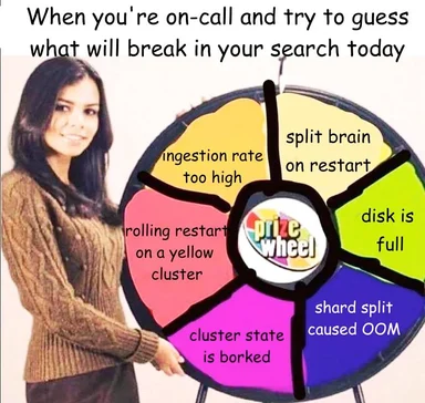 Woman standing next to a prize wheel with sections labeled with potential system failures
