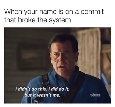 man in blue shirt denying responsibility for breaking the system