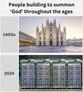 meme comparing medieval cathedral construction to modern server infrastructure