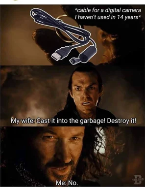 Three-panel Lord of the Rings meme showing an old digital camera cable, a wife demanding it be destroyed, and the user