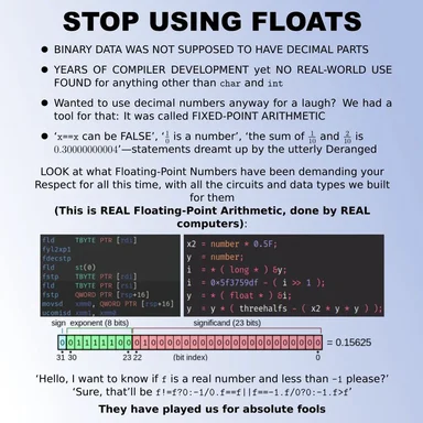 STOP USING FLOATS meme with code examples and explanations