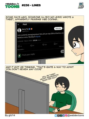 WebDev Toons #236 Lines - A developer reacts to a tweet about vibe coding and lines of code per day