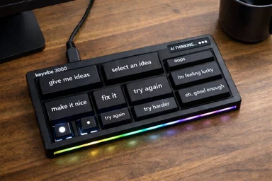 A keyboard with custom keys for AI assistance, labeled with humorous phrases like 'give me ideas' and 'try harder'.