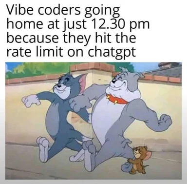 Tom and Jerry dancing with a small mouse, with text about coders leaving work early due to ChatGPT rate limit