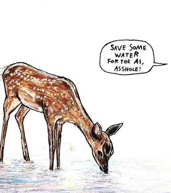 A sketch of a deer drinking from a puddle with a speech bubble saying save some water for the AI asshole
