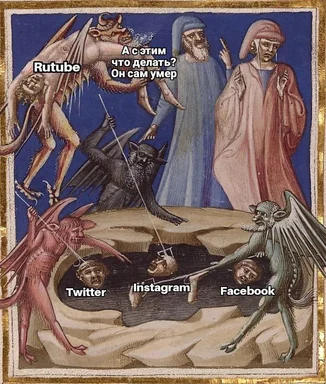 Medieval painting of demons representing social media platforms pulling heads down into hell