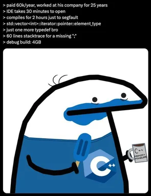 A cartoon character representing a C++ developer with a mug that says 'C++ MEMORY MANAGEMENT'