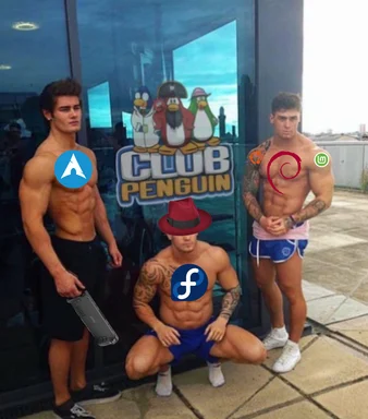 humorous image of muscular men in front of Club Penguin sign with logos of A, Fedora, and f on their chests