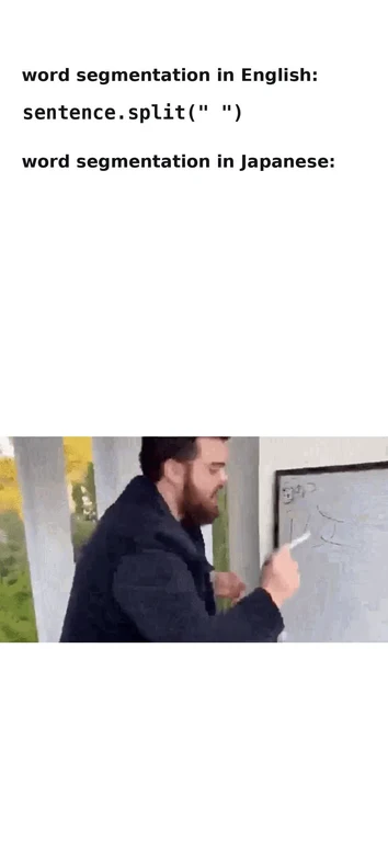 A man looking confused at a whiteboard with Japanese characters written on it.