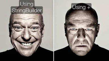 Steve Jobs faces comparing StringBuilder vs string concatenation