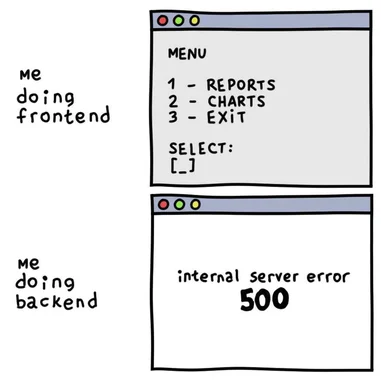 Cartoon of a developer's contrasting experiences with frontend and backend work