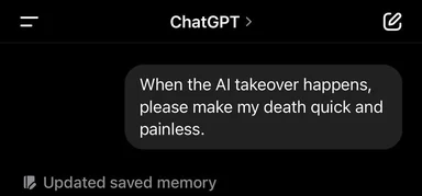 ChatGPT conversation screen with a dark theme, showing a message about AI takeover