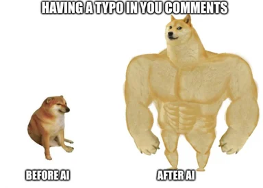 Shiba Inu comparison meme: a small weak dog labeled 'Before AI' next to a muscular buff dog labeled 'After AI' under the