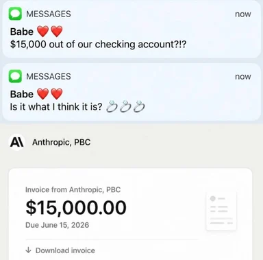 Screenshot of a text conversation asking about a $15,000 expense, followed by an invoice from Anthropic.