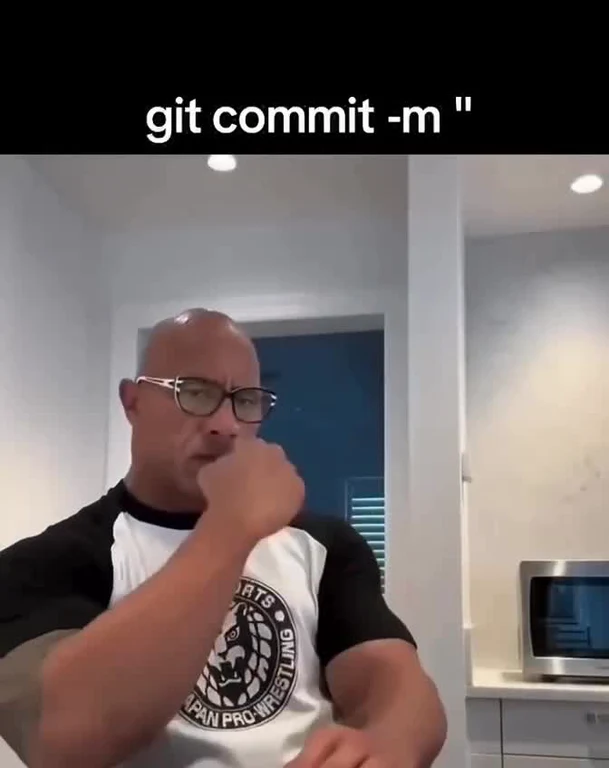 Man in a black and white shirt with a confused expression, gesturing as if thinking, with text 'git commit -m'