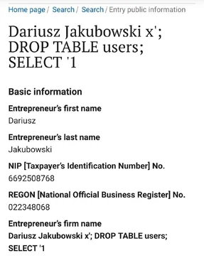 Screenshot of a public business registry web form where the firm name field displays a raw SQL injection payload: Dariusz