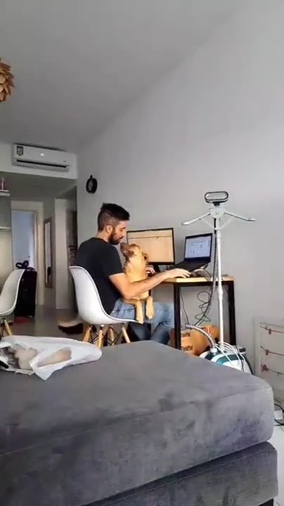 Man working on laptop with dog on lap
