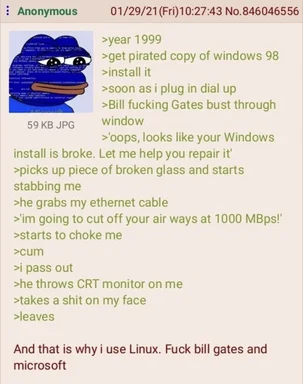 pepe the frog with a humorous anecdote about a fictional violent encounter with bill gates over a pirated windows 98 install