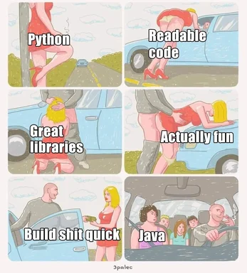 humorous meme comparing python and java in a cartoon